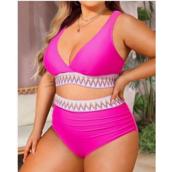 Yonique Womens Plus Size 16W Two-Piece Bikini High-Waisted Swimsuit Zigzag Sexy - Picture 3 of 11